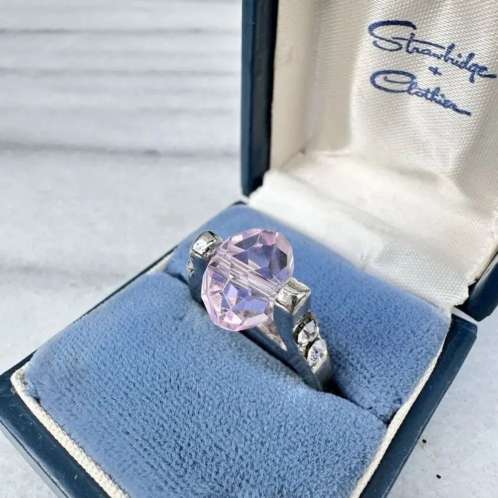 Spinner Cocktail Ring Pink Glass Faceted Gem Silver Tone Spinning Fidget Sz 8.5